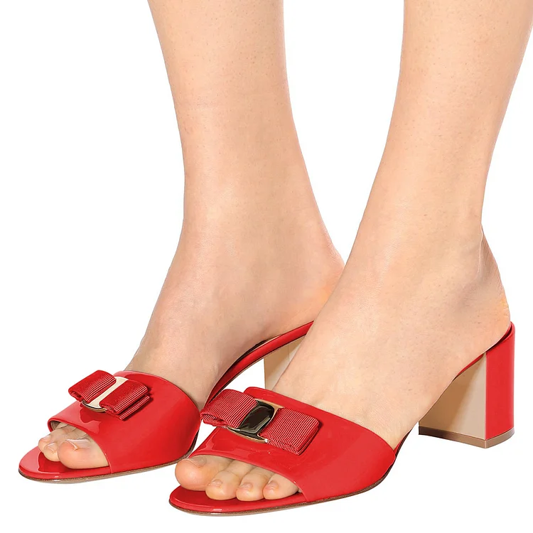Red Patent Leather Block Heel Sandals Open Toe Bow Mules Shoes |FSJ Shoes