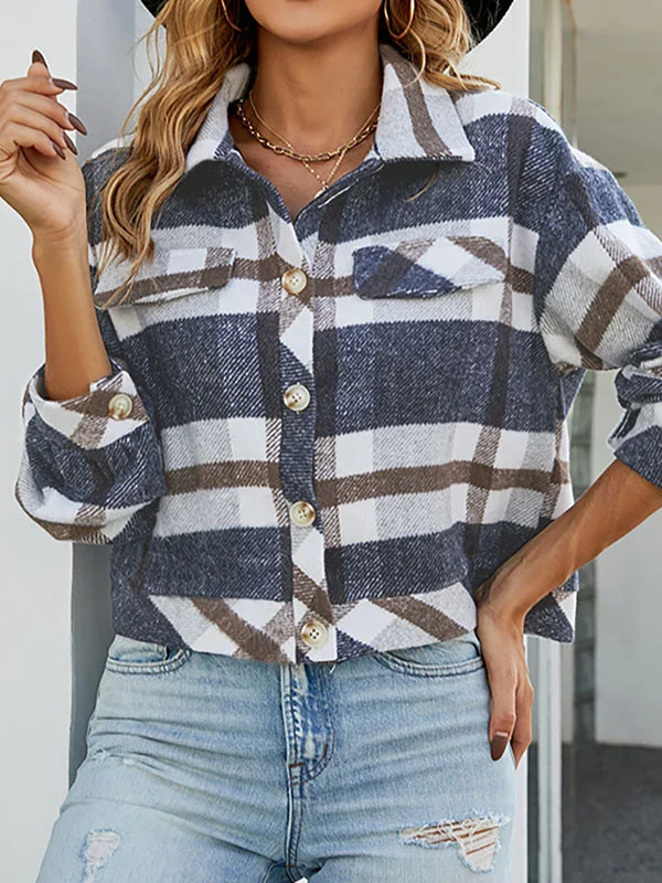 Long Sleeves Loose Buttoned Contrast Color Plaid Lapel Outerwear