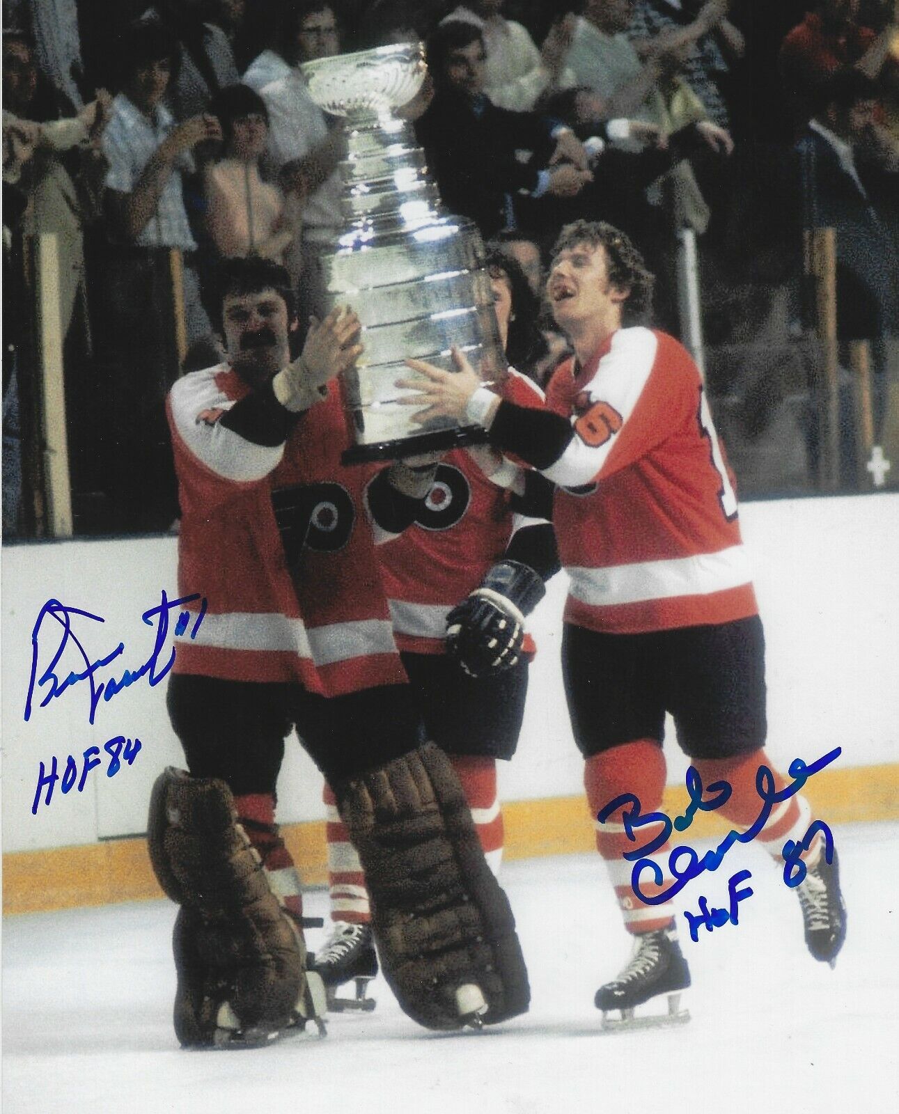 Signed 8x10 BOBBY CLARKE & BERNIE PARENT Philadelphia Flyers Autographed Photo Poster painting