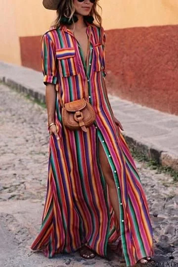 BOHO Button Down Collar Stripes Roll Up Sleeve Maxi Vacation Dresses