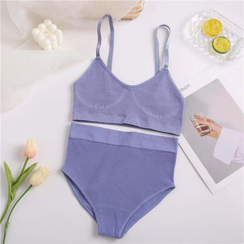 Billionm Sexy Bra Set Women Seamless Underwear Female Lingerie Ribbed Tops Thong High Waist Panties Brassiere Stretchy Tank Crop Top