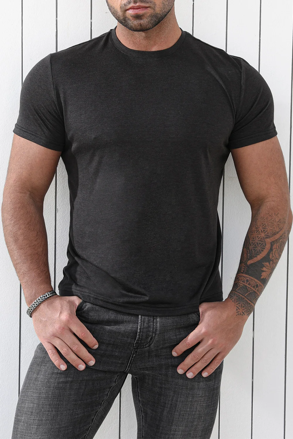 Gray Solid Basic Crewneck Short Sleeve Men\'s T-shirt | IFYHOME