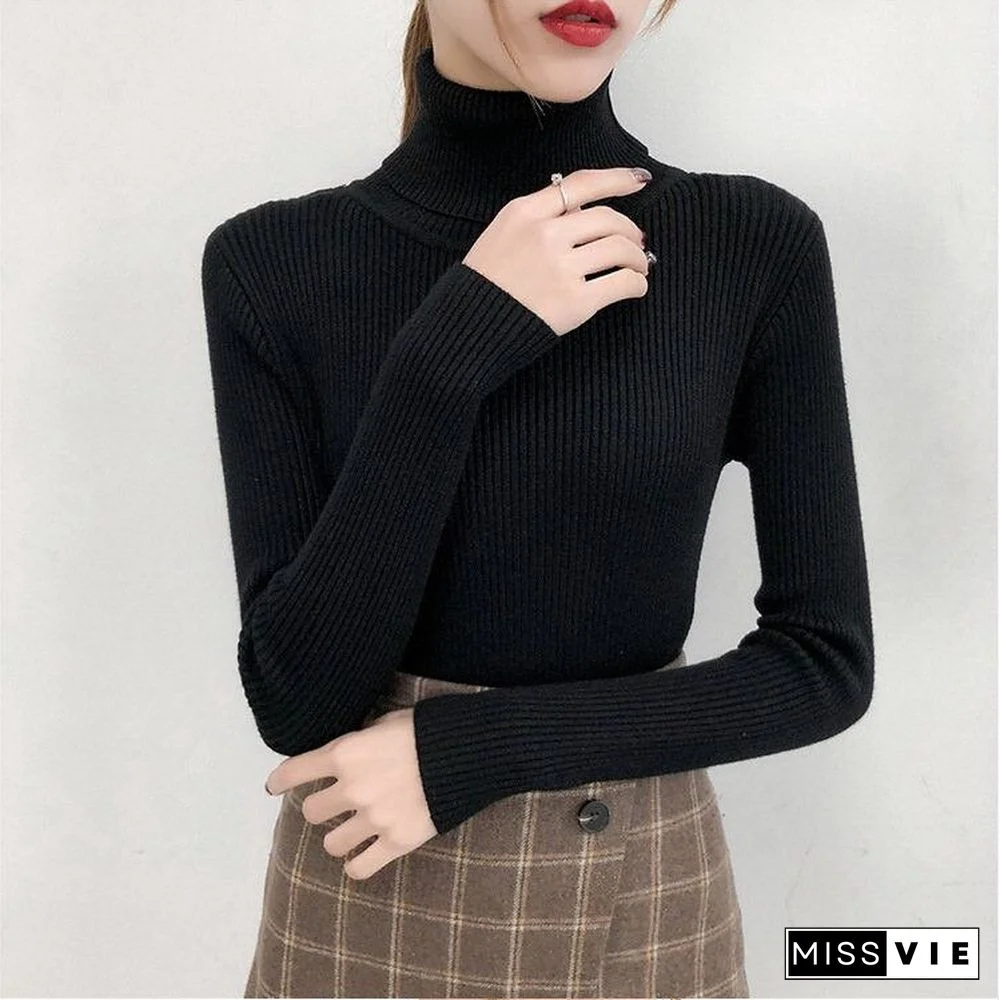 Autumn Winter Knitted Jumper Tops High-Neck Long-Sleeved Pullovers Solid Color Casual Sweaters Women Slimming Bottoming Shirt