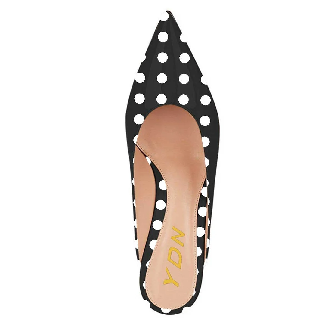 Black & White Pointed Toe Slip-On Mule Heels with Polka Dots