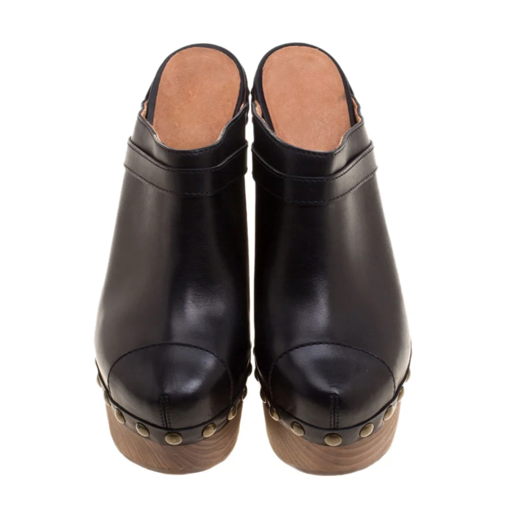 YDN Black Vegan Leather Studded Round Toe Platform Clog Heels