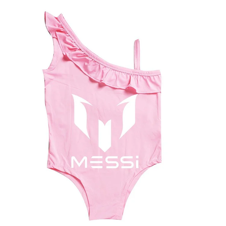 Mayoulove Lionel Messi Print Little Girls Ruffle Shoulder One Piece Swimsuit-Mayoulove