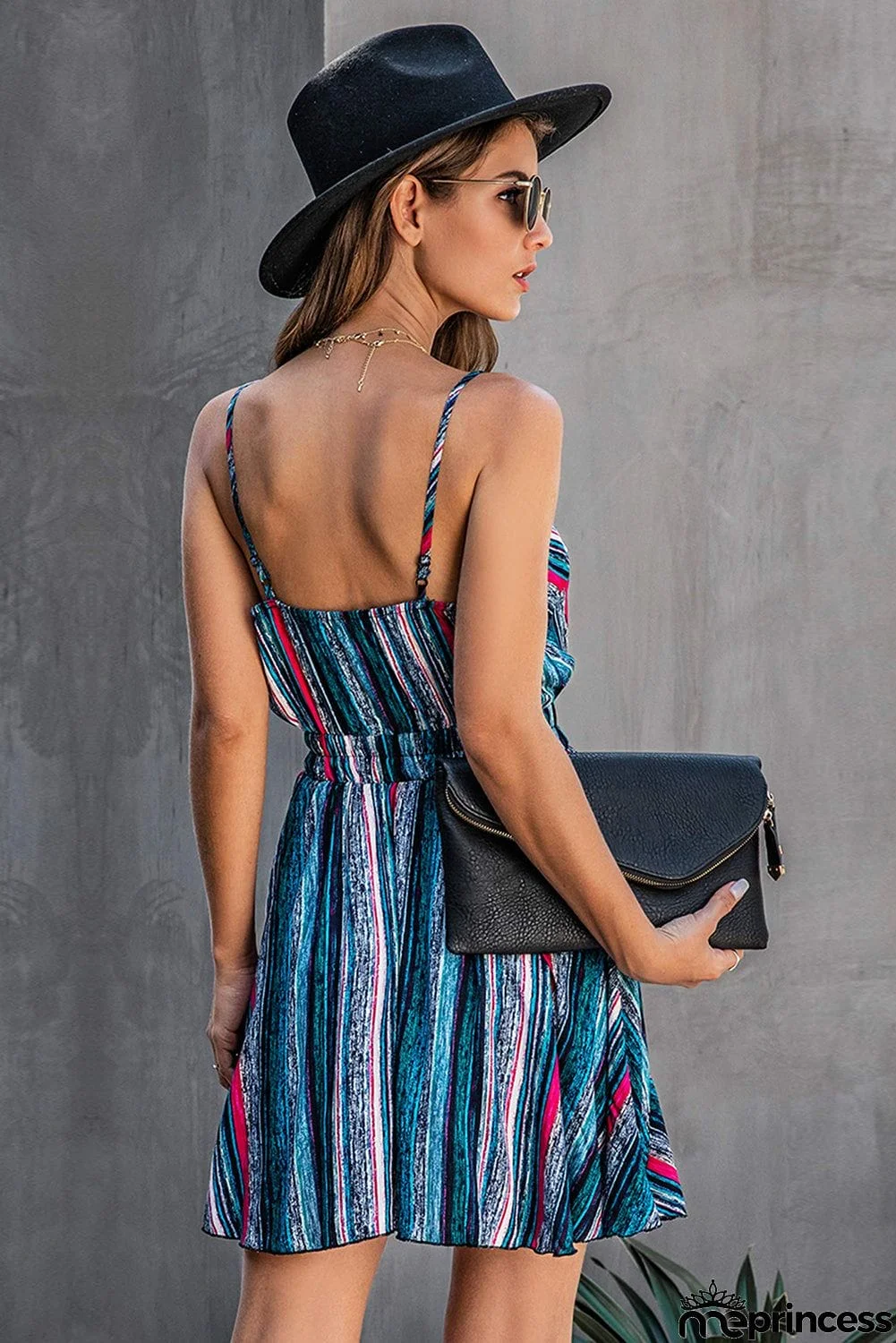 Adjustable Straps Wrap V-Neck Backless Tie Waist Pleated Hem Striped Dress