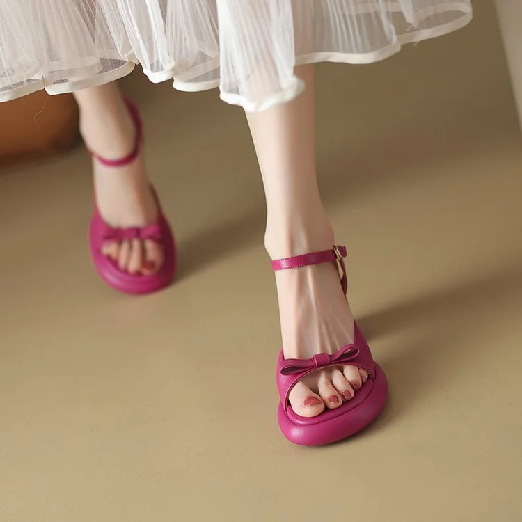 Churchf Churchf Summer New Vintage Sandals One Line Buckle Beach Sandals Round Head Bow High Heel Sandals Women
