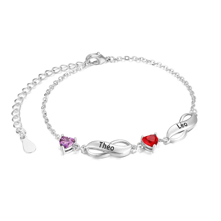 Bracelet Infini à Breloque Cœurs 2 Prénoms Personnalisés avec 2 Pierres de Naissance pour Femme Jessemade FR