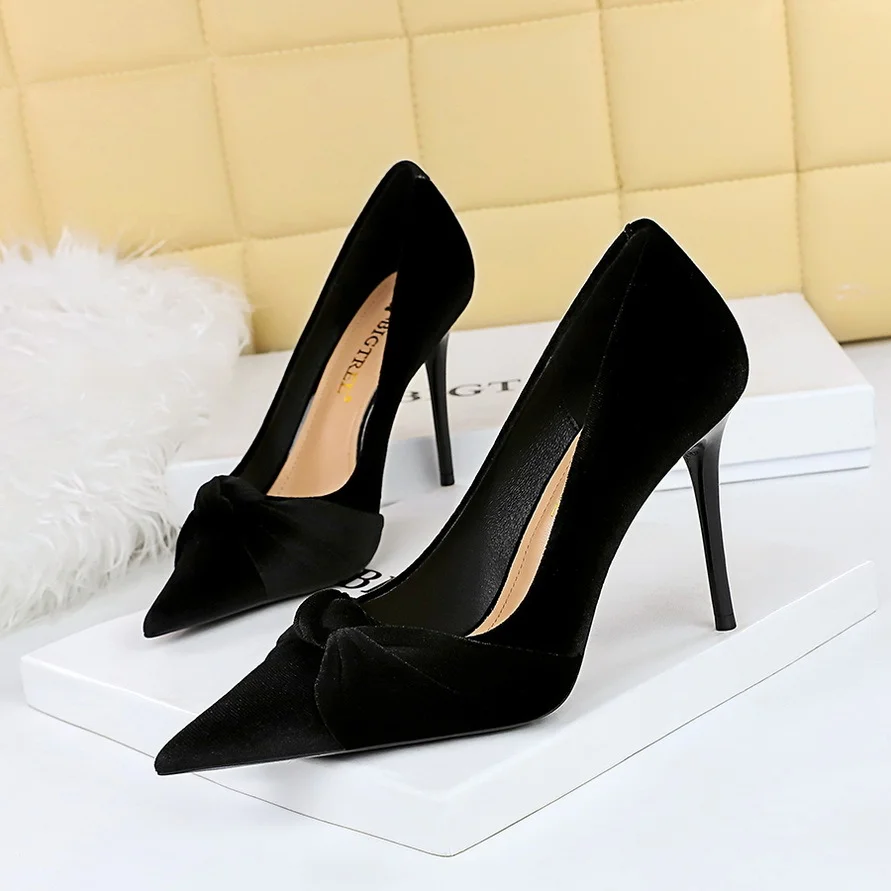 Colourp Colourp Fashion Banquet High Heels Slender High Heel Shallow Pointed Western Suede Bow Single Shoes