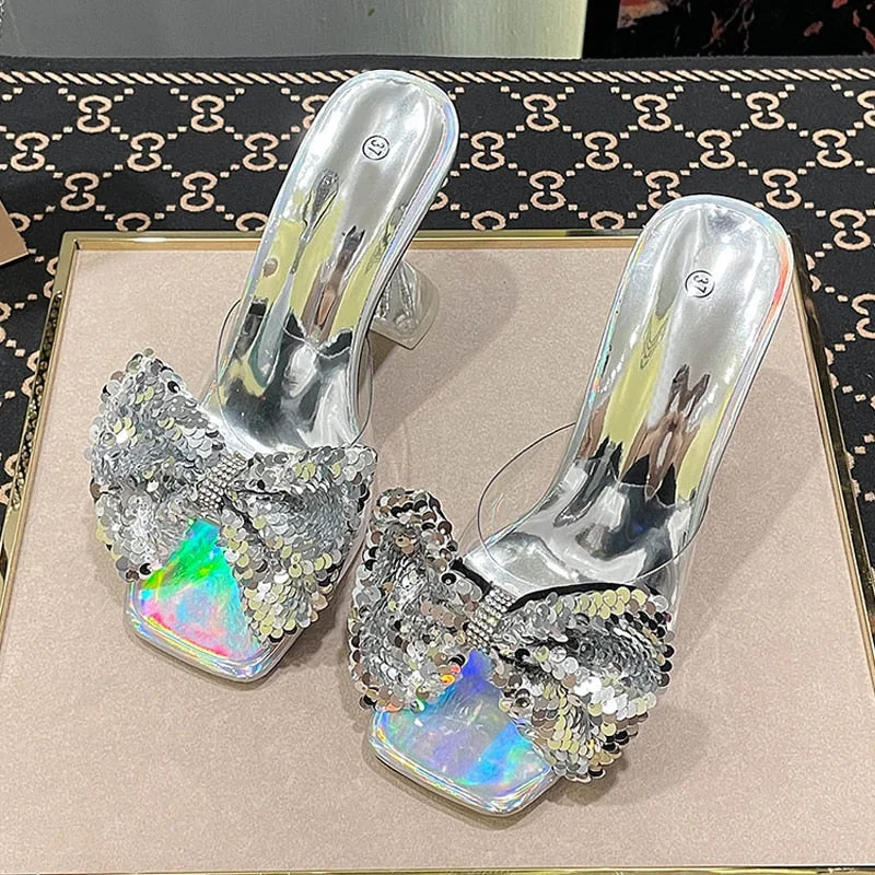 Transparent PVC Crystal Clear Heeled Women Slippers Fashion Fish Scales Bow High Heels Female Mules Slides Summer Sandals Shoes