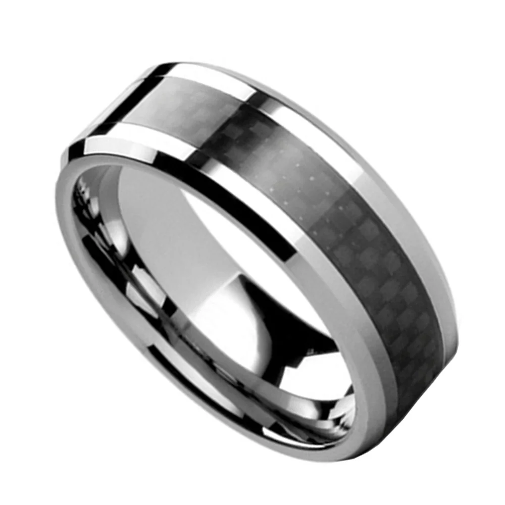 6MM 8MM Mens Tungsten Rings Black Carbon Fiber Inlay Silver Beveled Edge