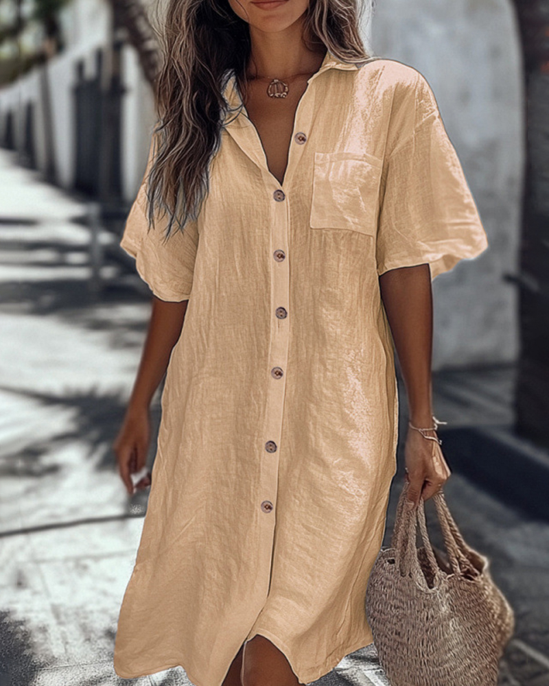 Shirt Collar Short Sleeve Single Breasted Solid Color Midi Dress