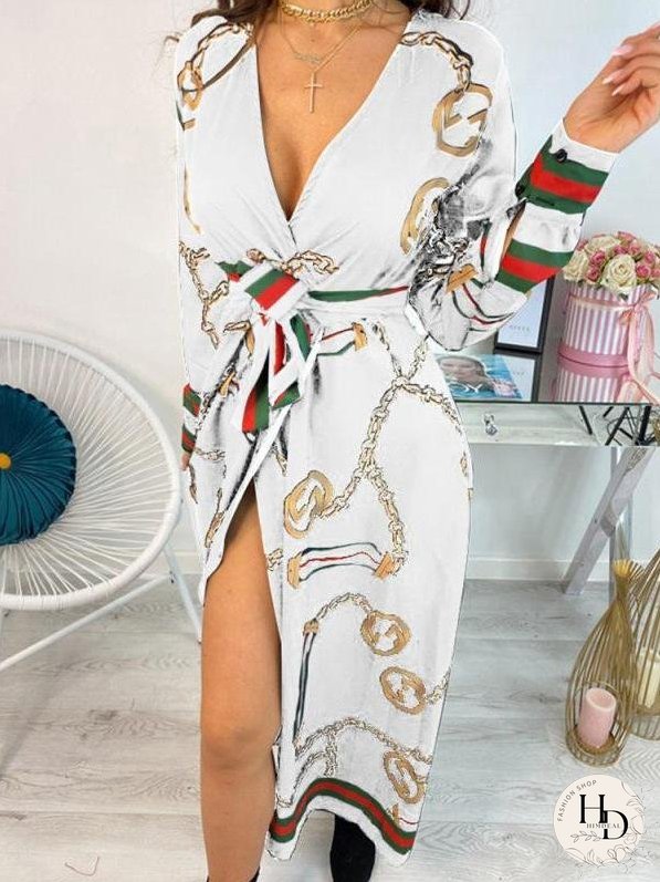 Deep V Slit Maxi Dress With Printed Belt for Women