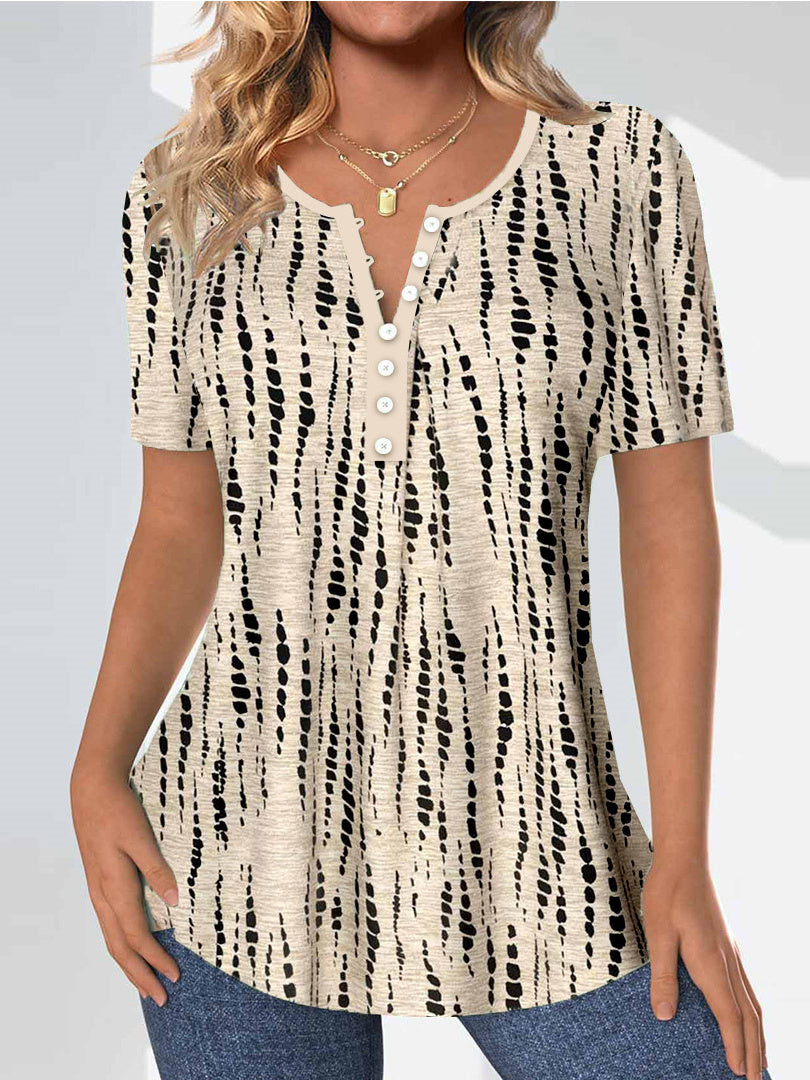 Women Short Sleeve V-neck Striped Printed Graphic Button Tops