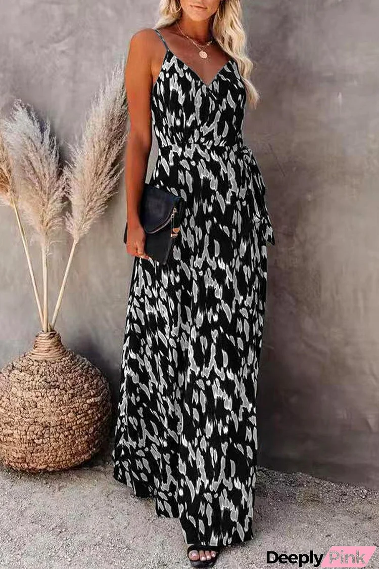 College Vacation Zebra Print Patchwork V Neck Sling Dress Dresses