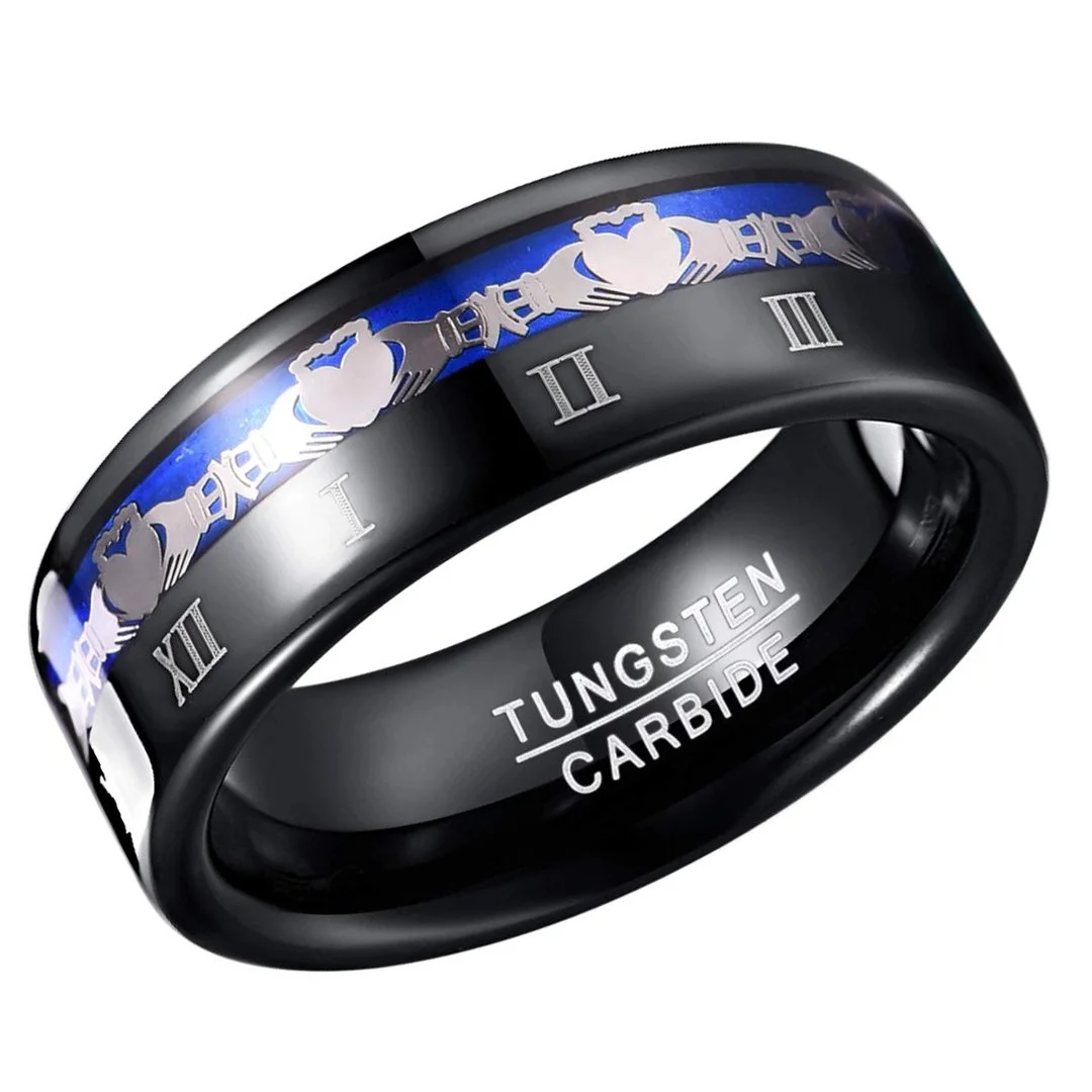 8mm Black Roman Numeral Inlay Tungsten Carbide Rings Men's Wedding