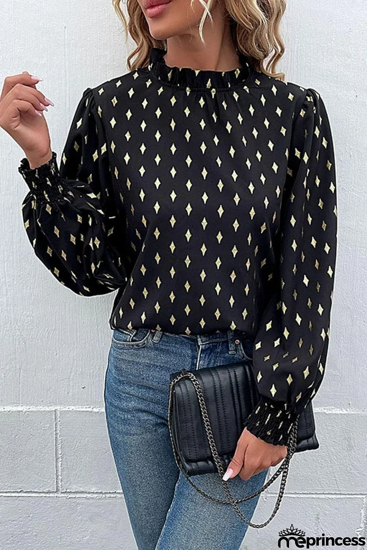 Geometric Print Frill Neck Lantern Sleeve Blouse