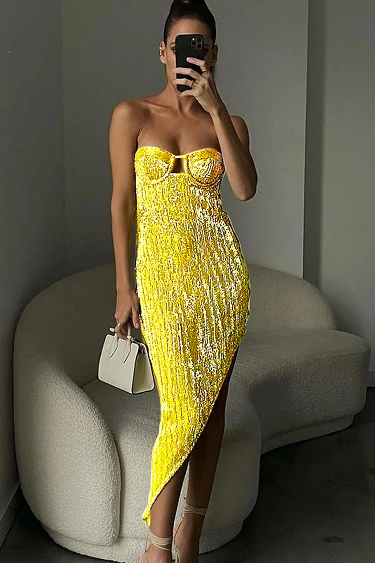 Tube Top Irregular Sequins Dress-Yellow