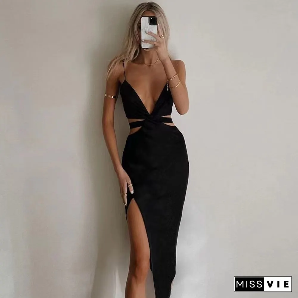 Sexy Cutout Midi Dress For Women Club Party Outfits With Black Elegant Straps Neck Bodycon
