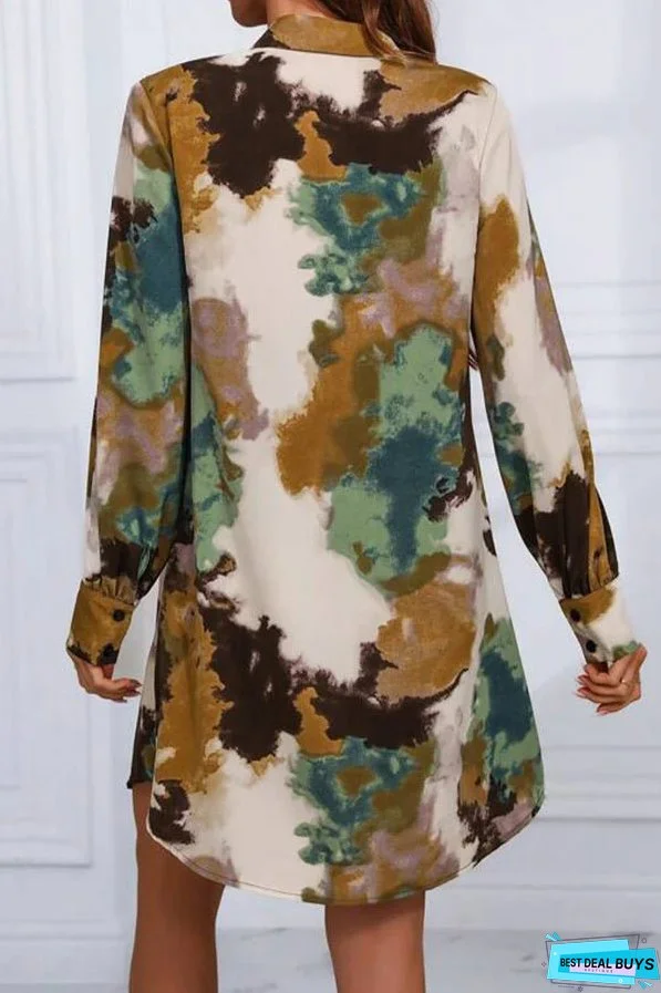 Casual Vintage Geometric Print Patchwork Turndown Collar Shirt Dress Dresses
