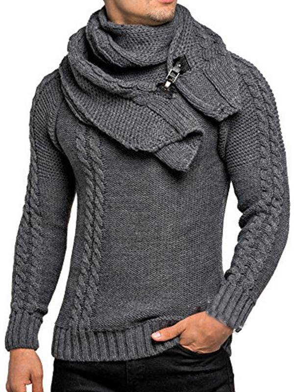 Men's Fashion Long-Sleeved Slim Detachable Scarf Sweater