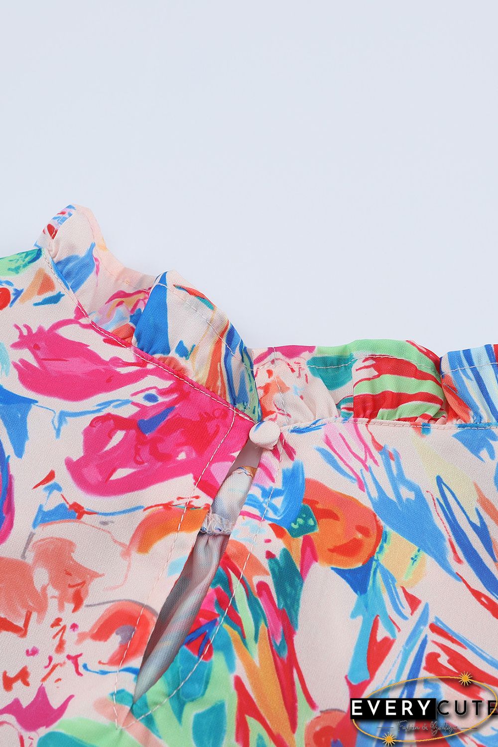 Multicolor Abstract Striped Patchwork Ruffled Short Sleeve Blouse