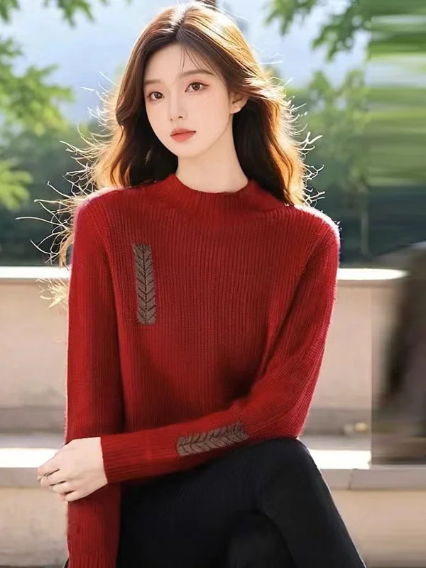 Athvotar Athvotar Red Sweater Women's Autumn And Winter Thick Knitted Shirt Fashion Life Year Short-Lived In The Middle Of The Year To Play The Bottom Shirt