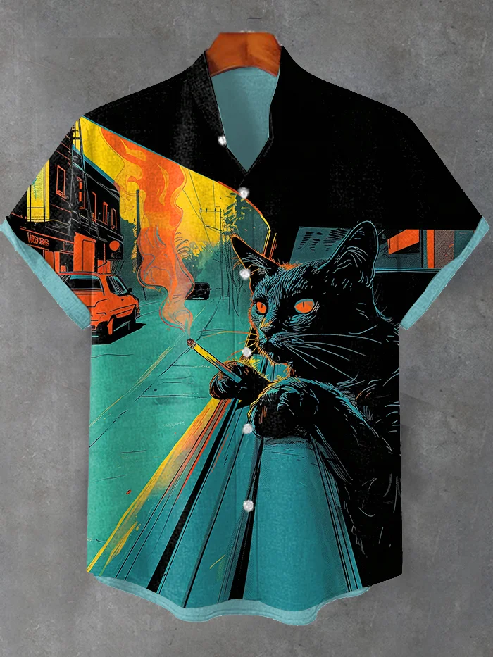 Men's Sunset Smoking Inside The Car Thinking Black Cat Print Casual Shirt
