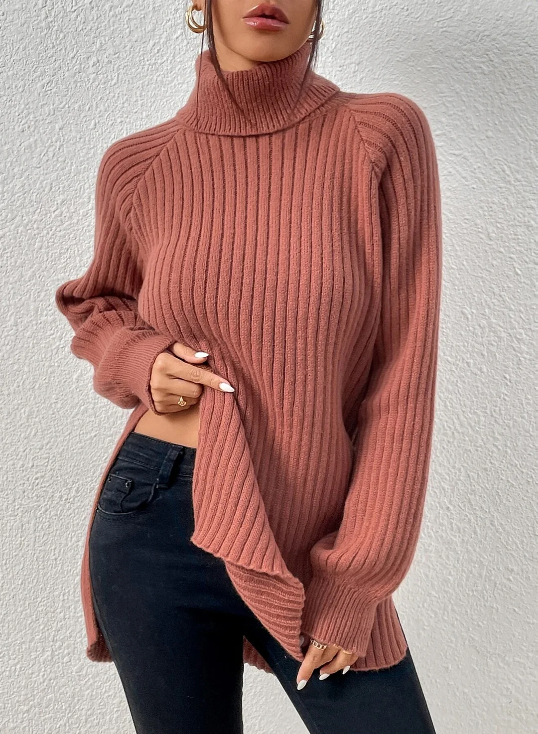Women's Turtleneck Raglan Sleeve Split Hem Jumper