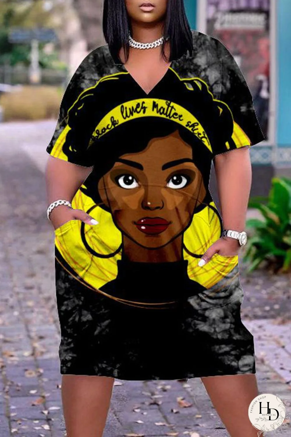 Multicolor Casual Street Print Patchwork V Neck Straight Dresses