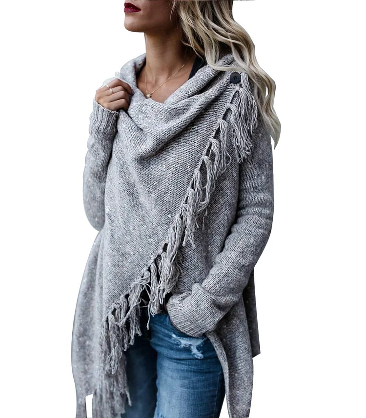 Women's Tassel Hem Sweater Long Cardigan Knitwer Pullover Poncho Coat