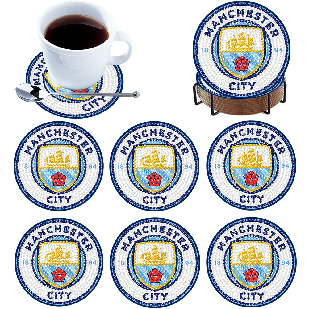 6Pcs Wooden Football Club Diamond Painting Coasters DIY Coaster Diamond Dot Kits