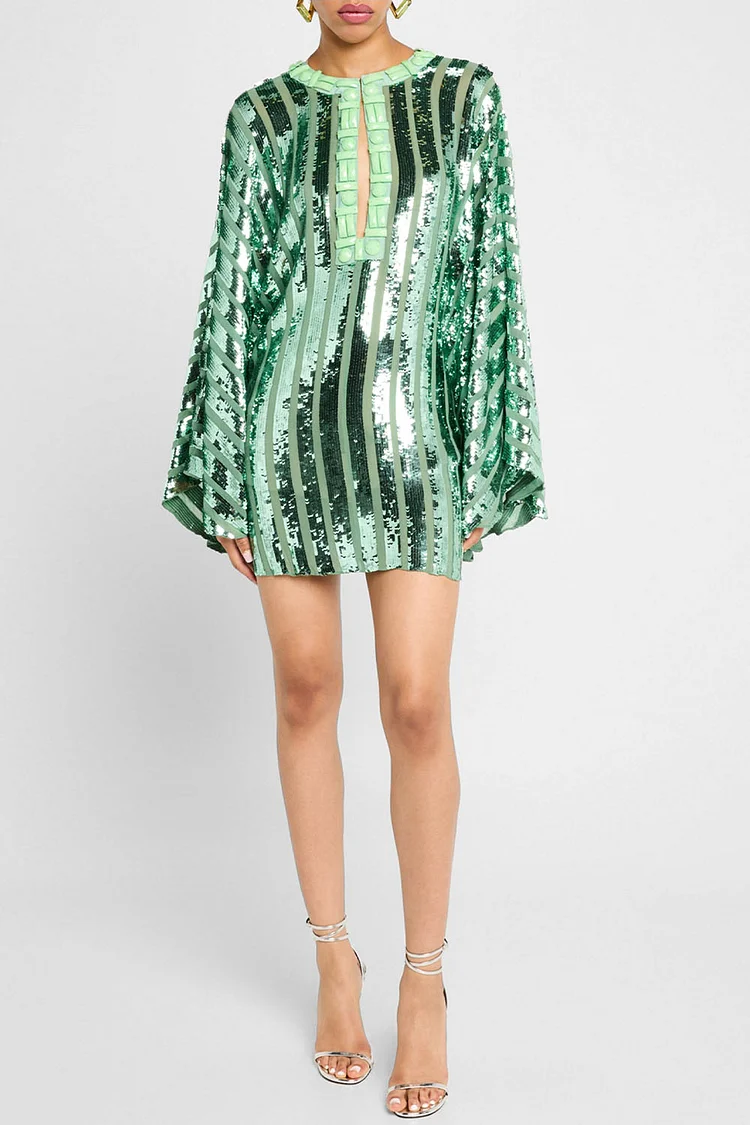 Embellished Sequined Cut Out Long Sleeve Mini Dress-Green [Pre-Order]