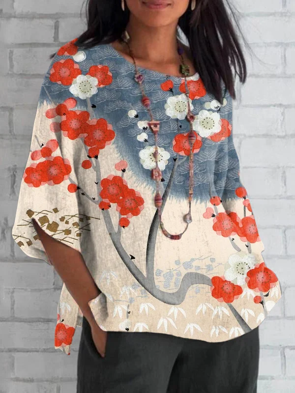 Women's Contrast Color Floral Print Loose Round Neck Mid-Sleeve Top