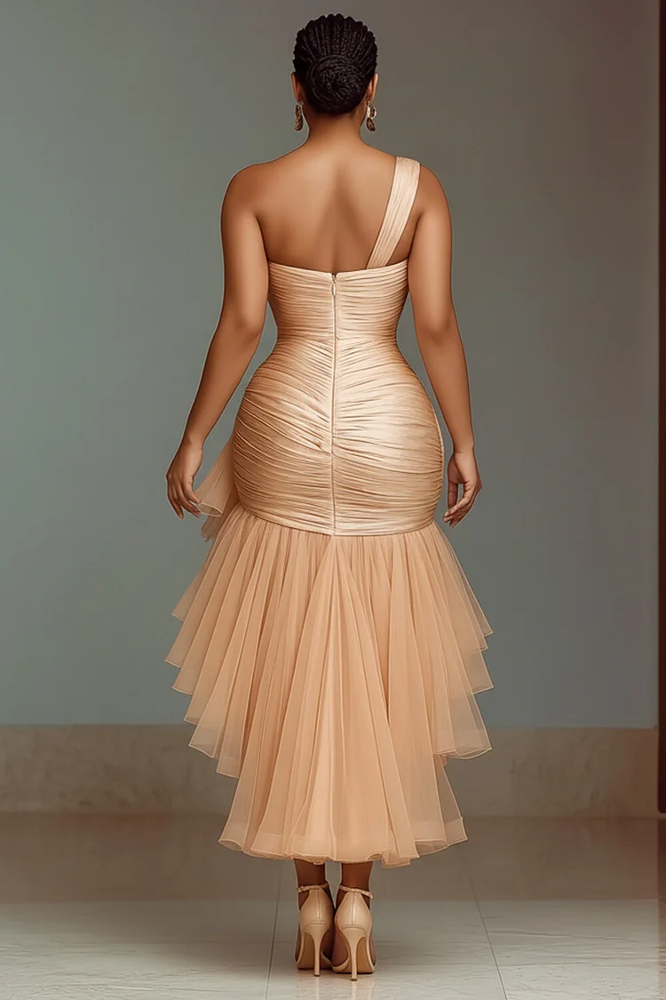 One Shoulder Mesh Ruffle Party Maxi Mullet Dresses-Champagne [Pre Order]