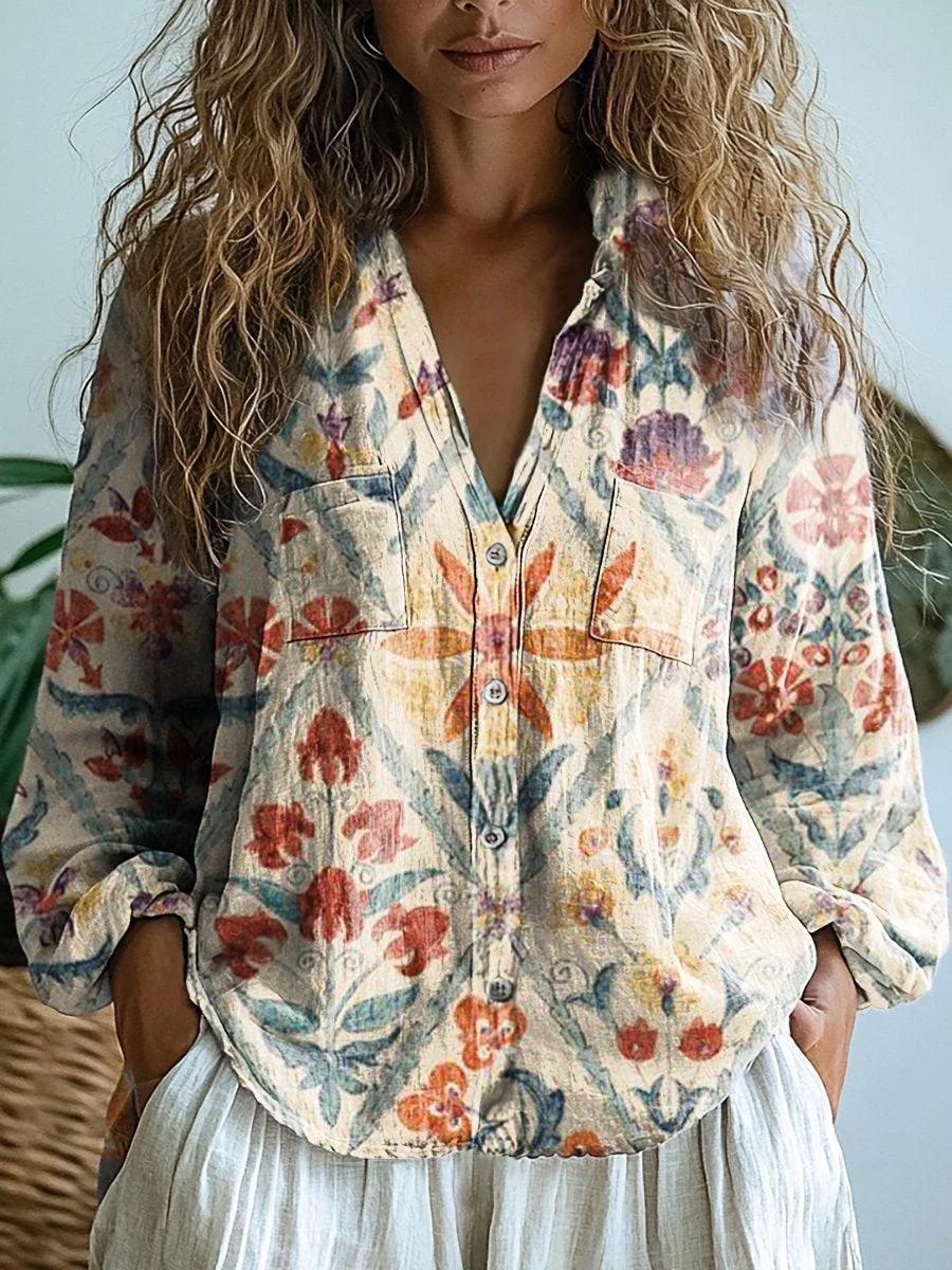 Women's Vintage Floral Art Print Casual Long Sleeve Comfortable Cotton Shirt