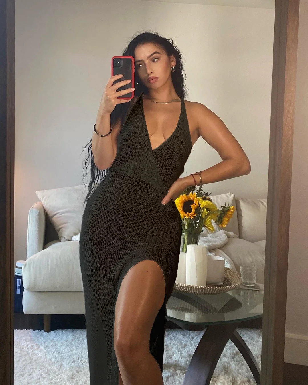 Athvotar Athvotar Hollow Bikini Hooded Cross V-Neck-Dip T-Shirt With Perspective Hook-Flowered Beach Suspension Long Skirt