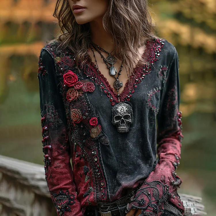 Vintage Rose Skull Hot Diamond Contrast Color V-neck T-shirt
