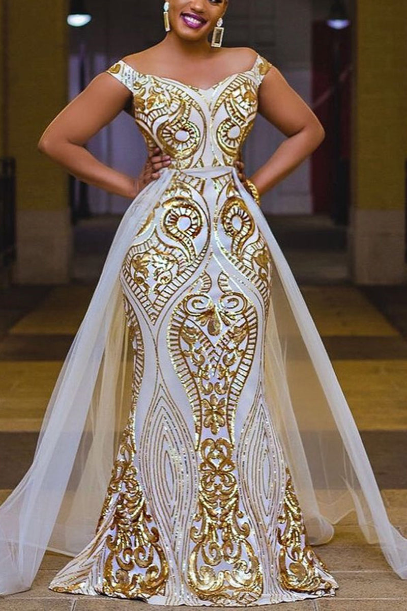 Plus Size White Formal Wedding Royal Appliques Sequin Off The Shoulder Tulle Mermaid Sweep Maxi Dress