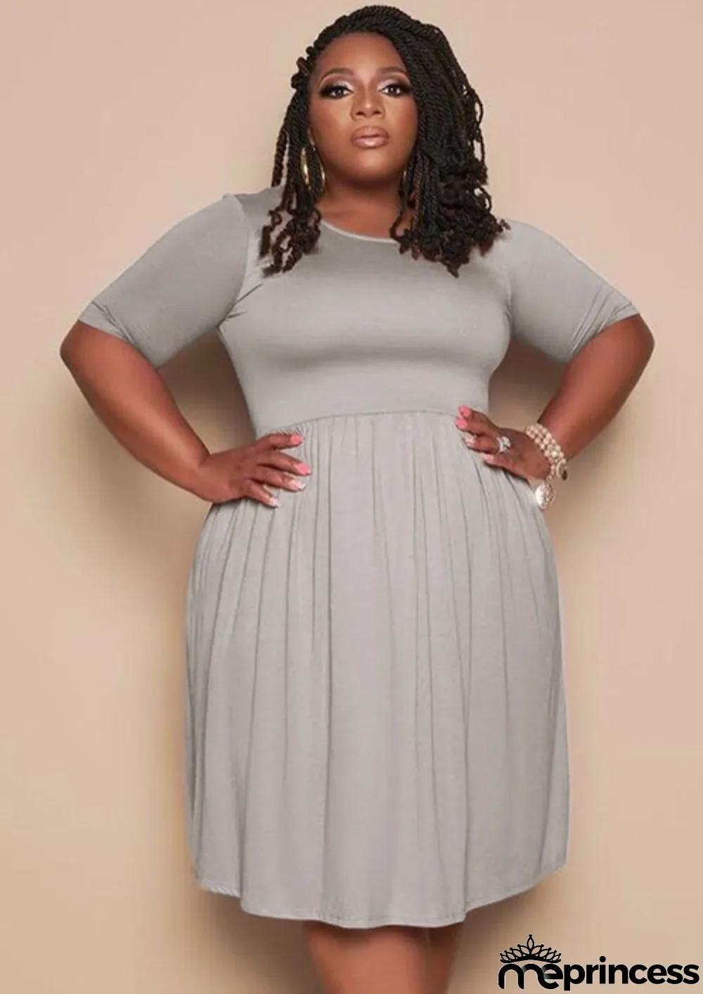 Summer Plus Size Casual Grey O-Neck Skater Dress