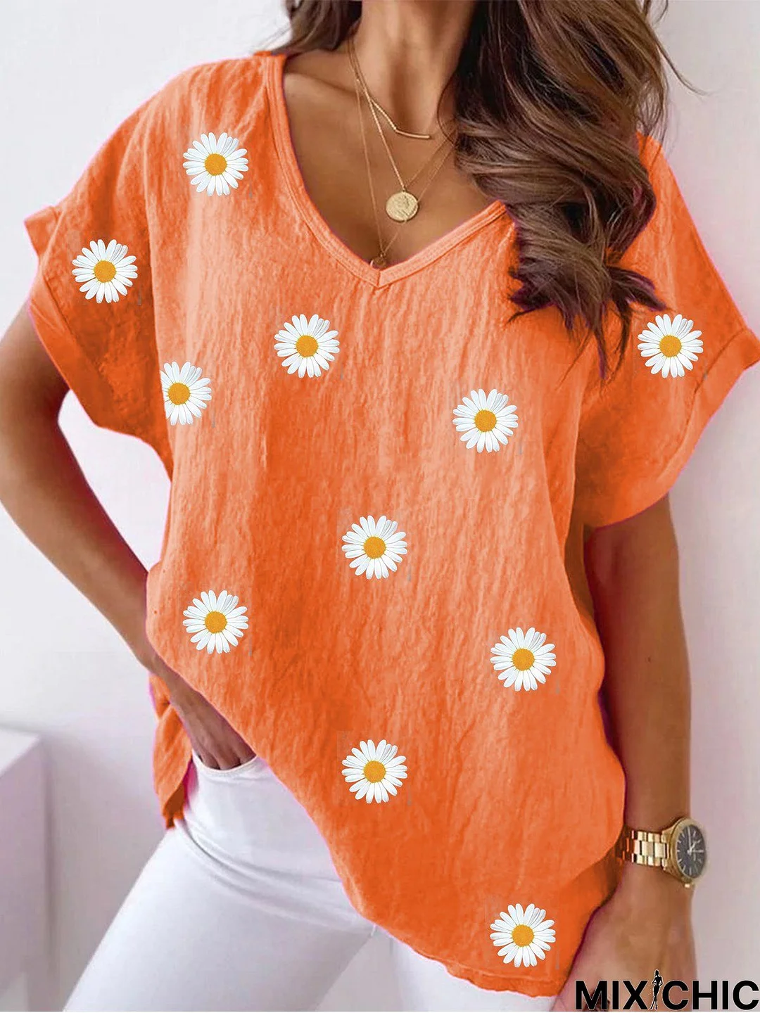 Women's Casual Daily Daisy Pattern V neck Cotton Loose Short Sleeve Tunic Top