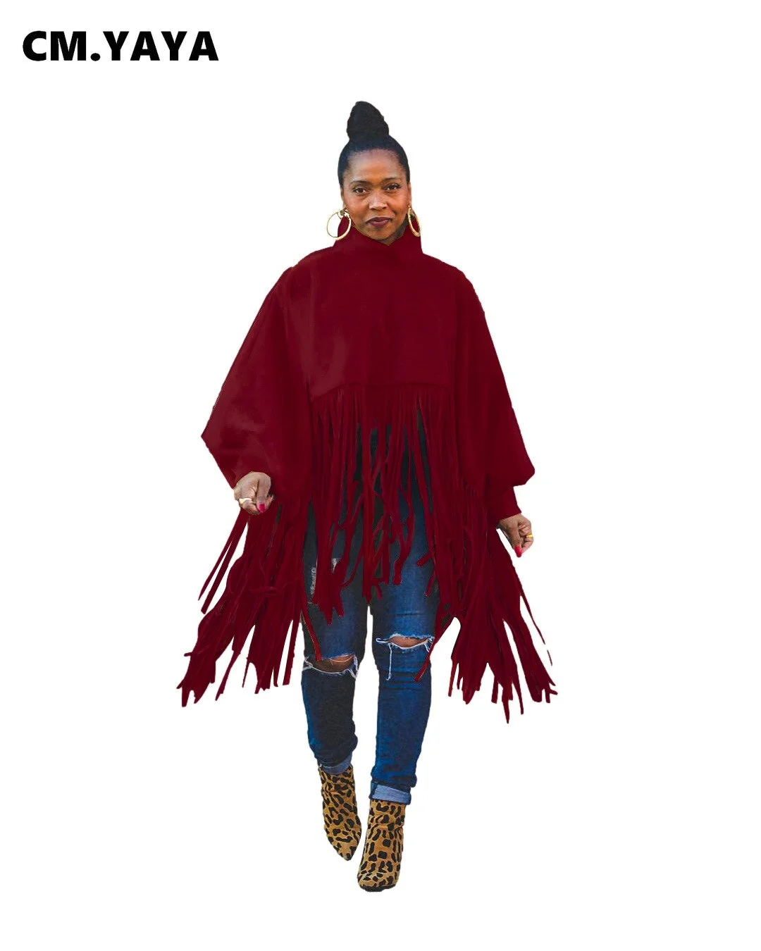 CM.YAYA Women Tassel Hem Batwing Sleeve Capes & Ponchos Streetwear Basic Elegant Turtleneck Autumn Winter INS Tops