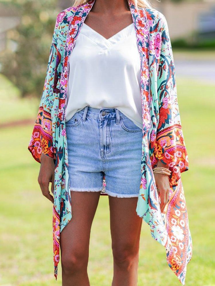 Plus Size Casual Printed Kimono Jacket P179042074