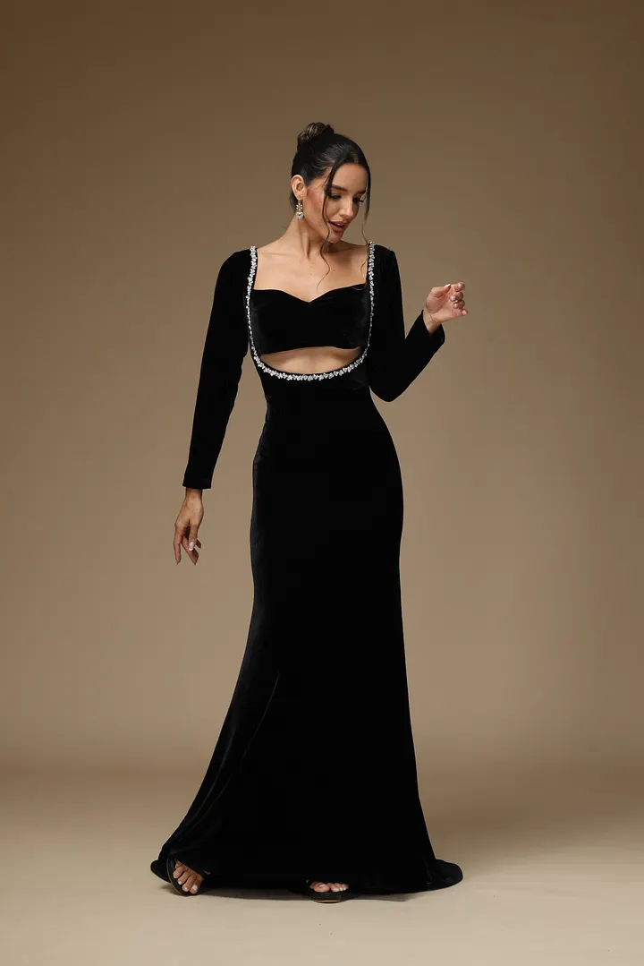 Okdais Black Prom Dress Long Sleeves Black With Cut Out Gown YX0012