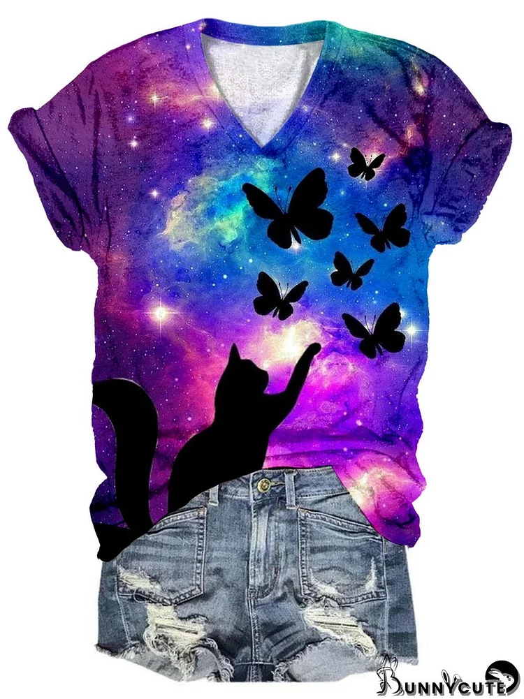 Cat And Butterfly Print V Neck T-shirt