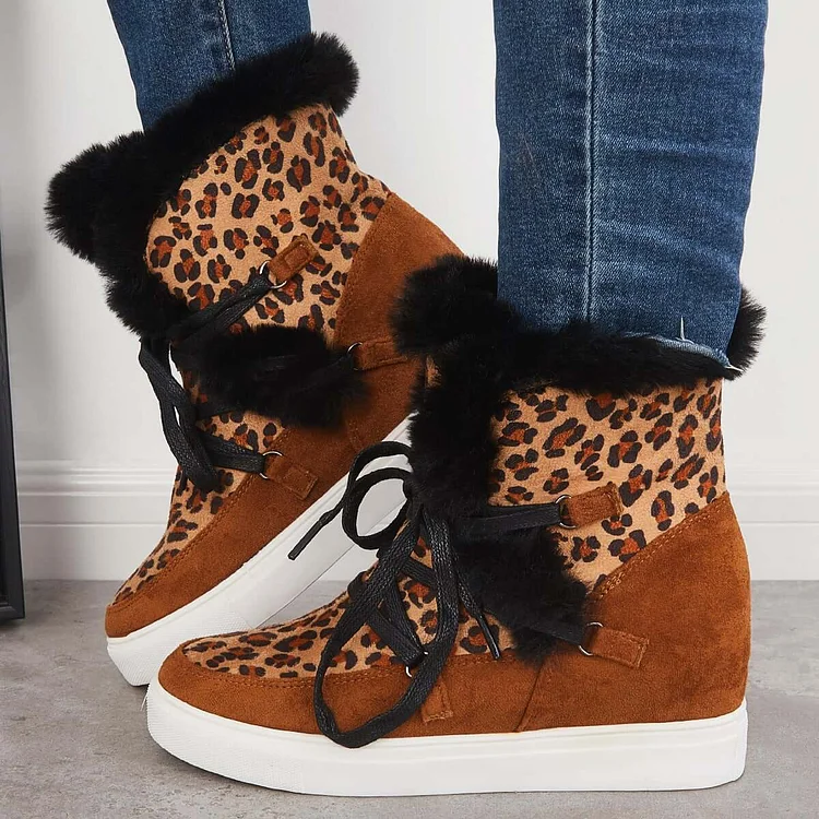 Warm Lace Up Hidden Wedge Boots Fur Lined Platform Ankle Booties