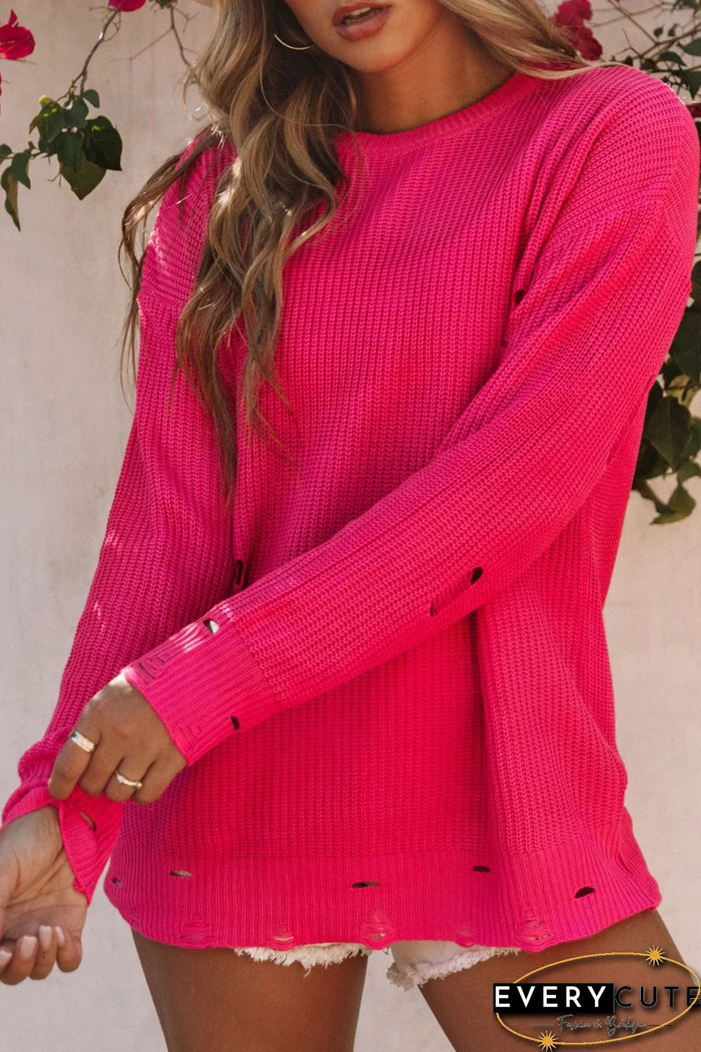 Rose Ripped Long Sleeve Ribbed Sweater