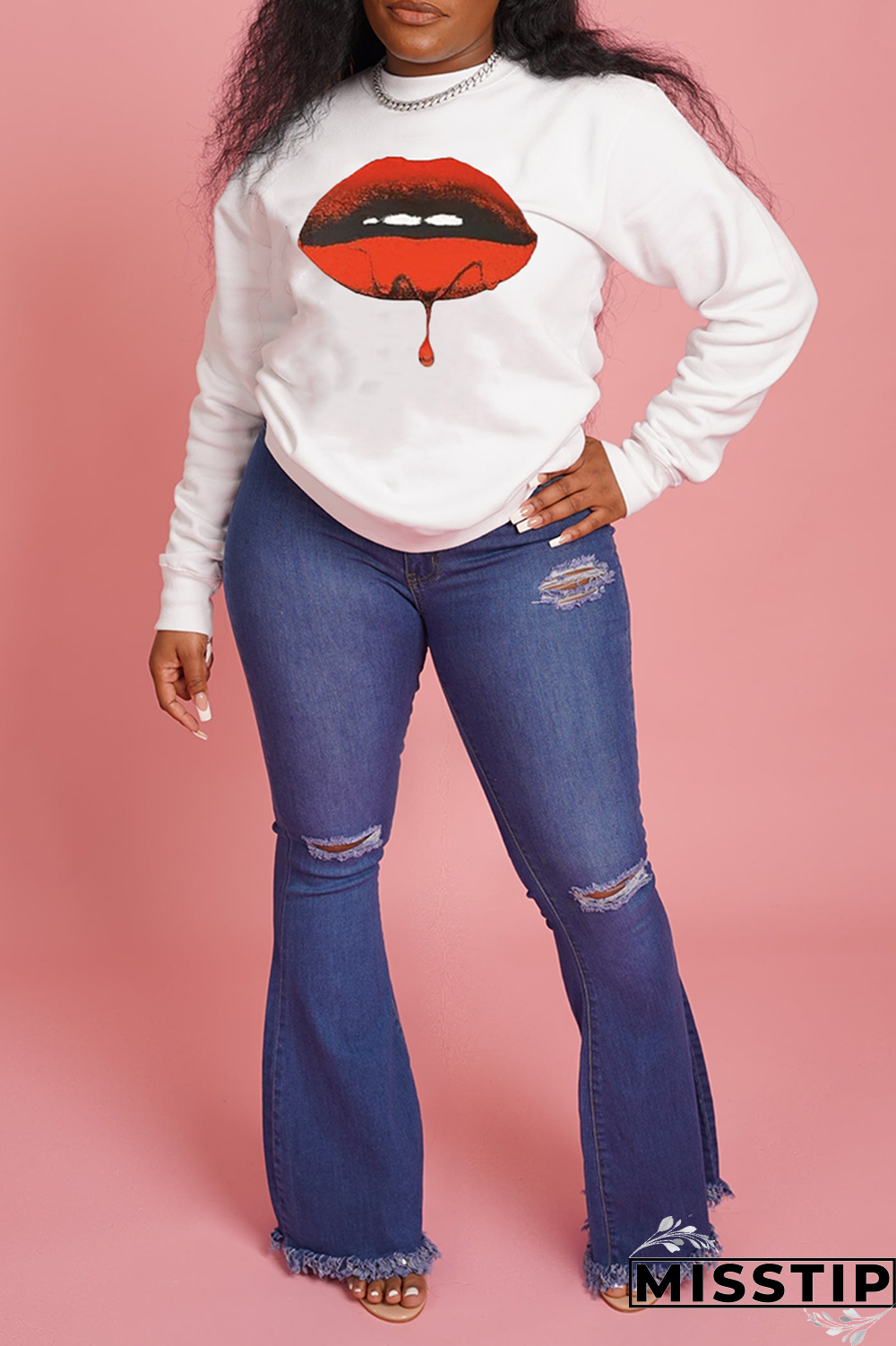 Black Street Vintage Lips Printed Patchwork O Neck Tops