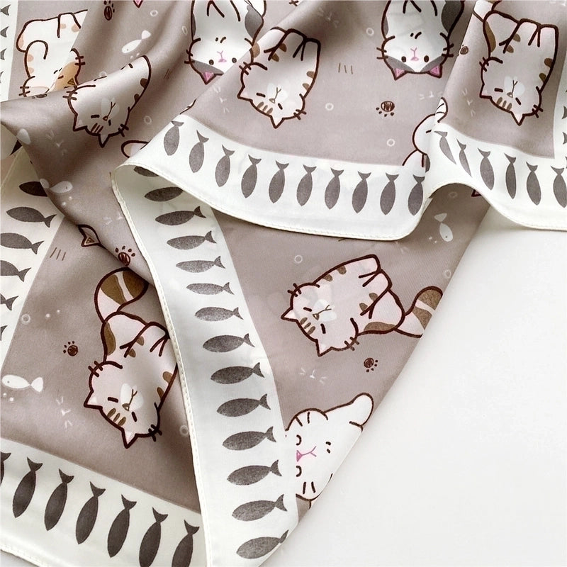Women’s Sweet Color Block Cat Polyester Printing Silk Scarves